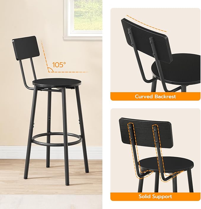 HOOBRO Bar Stools,Set of 2 Round Bar Stools with Back,25.2" Bar Chairs for Kitchen Island, Dining Room,Counter Height Barstools, Easy to Assemble, Black BK32BY01G1