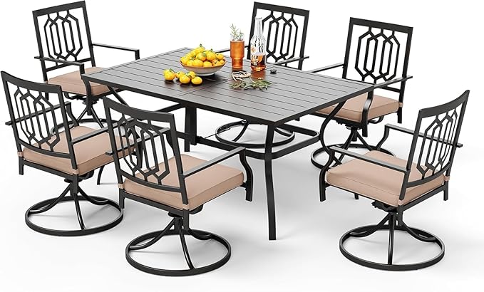 PHI VILLA 7 Pieces Patio Dining Set for 6, 60" Rectangle Metal Steel Table with Umbrella Hole & Swivel Wrought Iron Chairs with Cushions, Large Outdoo Furniture Set for Deck, Porch, Yard