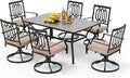 PHI VILLA 7 Pieces Patio Dining Set for 6, 60" Rectangle Metal Steel Table with Umbrella Hole & Swivel Wrought Iron Chairs with Cushions, Large Outdoo Furniture Set for Deck, Porch, Yard
