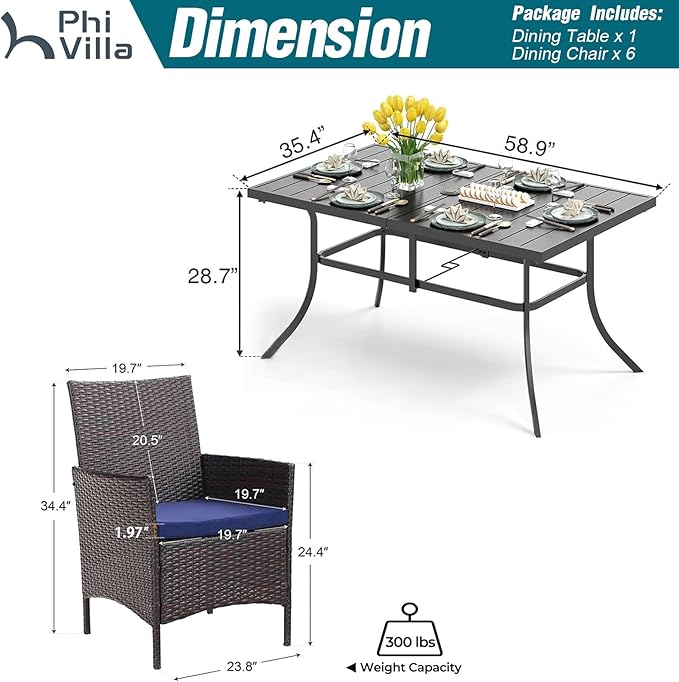 PHI VILLA 7 Piece Outdoor Dining Set for 6, Rectangular Wrought Iron Dining Table with Umbrella Hole & Cushioned Rattan Wicker Chairs for Patio, Deck, Yard, Porch