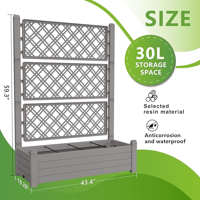 Raised Garden Bed with Trellis for Climbing Plants, 43.43" L x 18.27" W x 59.29" H Self Watering Planter Box with Drainage Holes for Outdoor Backyard Patio Balcony, Anti-Rust Resin (Grey)