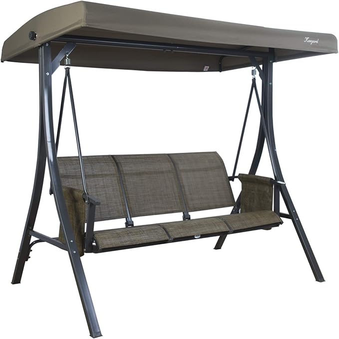 Kozyard Brenda 3-Seat Outdoor Porch Swing Glider, Patio Swing with Adjustable Canopy, Steel Frame, Breathable Textilene Seat & Back, Side Pockets (Taupe-Brown)