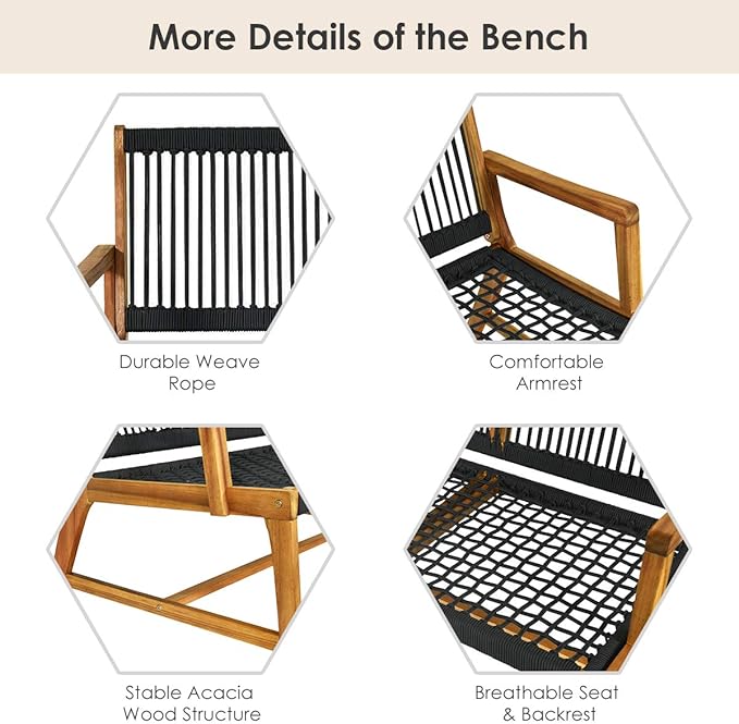 Tangkula 2-Person Patio Acacia Wood Bench Loveseat Chair, Outdoor Patio Bench Acacia Wood Bench in Teak Oil Finish, Patio Loveseat Rope Bench for Balcony Deck Poolside Porch (Black)