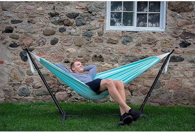 Vivere Double Polyester Hammock with Space Saving Steel Stand and Premium Carry Bag - 450 lb Capacity