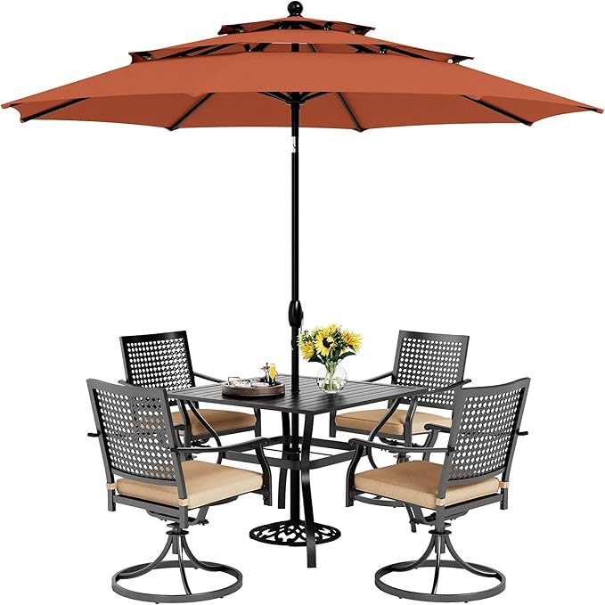PHI VILLA 5 Pieces Outdoor Dining Set for 4 with 10ft Umbrella, 37" Metal Square Table & Swivel Wrought Iron Chair with Cushions & Red Umbrella, Modern Furniture Set for Patio, Deck, Yard, Porch