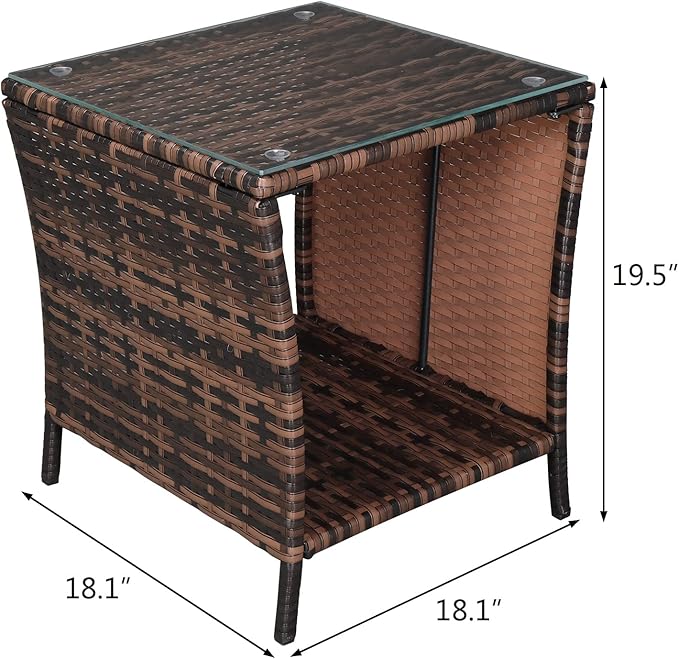 VINGLI Outdoor Wicker Side Table Patio Side Tables for Outside, Tempered Glass Top Wicker Table with Storage End Table for Balcony Porch Deck (Brown)