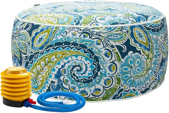 Magpie Fabrics Indoor/Outdoor Inflatable Stool Ottoman Pouf, Water Repellent Round Footrest Footstool with Foot Pump D20 xH9, Portable for Patio Garden Camping or Home, Paisley Lapis Green