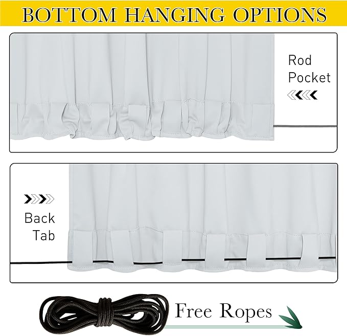 NICETOWN 2 Panels Outdoor Curtains Waterproof Pocket & Back Tab on Top & Bottom, Thermal Insulated Windproof Sun Blocking Outside Privacy Drapes for Patio with Fixed Rope, W84 x L95, Greyish White