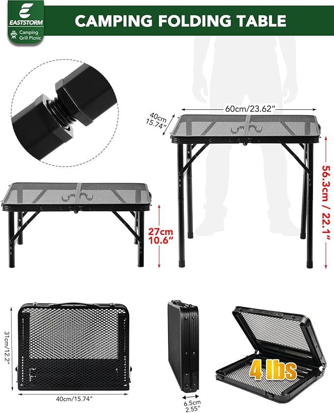 2Ft Small Folding Table with Carry Handle, Camping Table Adjustable Height 10.6–22 in, Black Metal Mesh, Portable & Compact for Outdoor/Indoor,Grill Table, 23.6×15.8 in, 4 lb, 66 lb Capacity