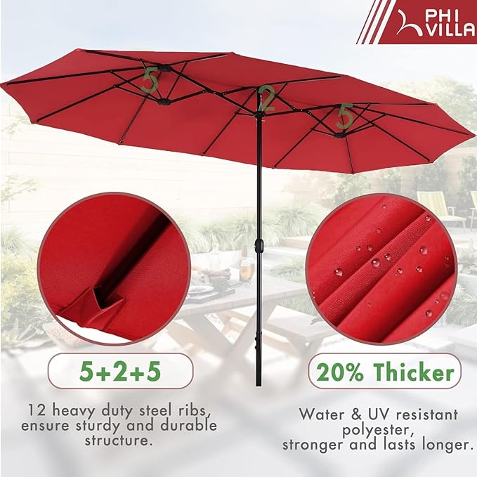PHI VILLA 7 Pieces Outdoor Dining Set for 6 with Umbrella, 60" Long Metal Table & Stackable Iron Chairs with Cushions & 13ft Red Umbrella, Modern Steel Furniture Set for Patio, Deck, Yard, Porch