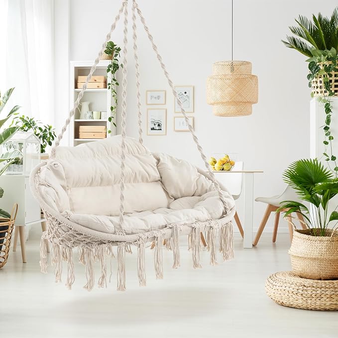 Tangkula 2-Person Hanging Hammock Chair, Boho Style Macrame Hammock Swing with Soft Cushions, Tassels, Indoor Outdoor Cotton Rope Hanging Swing Chair for Bedroom, Porch, Balcony