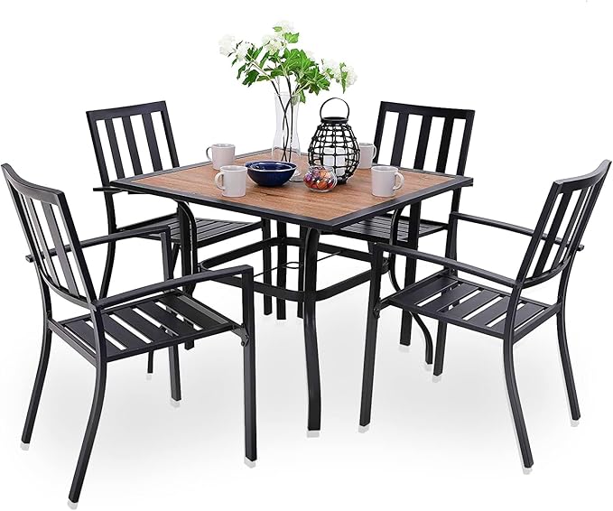 PHI VILLA 5 Pieces Outdoor Dining Set for 4, 37" Square Metal Table with Polywood Top & Stackable Wrought Iron Chairs, Outside Furniture Set for Patio, Deck, Backyard, Porch