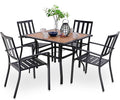 PHI VILLA 5 Pieces Outdoor Dining Set for 4, 37" Square Metal Table with Polywood Top & Stackable Wrought Iron Chairs, Outside Furniture Set for Patio, Deck, Backyard, Porch