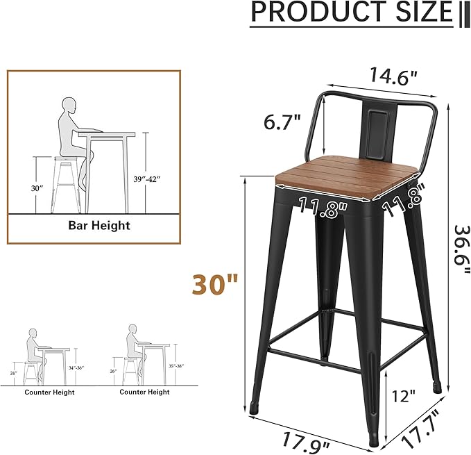 HAOBO Home 30" Outdoor Barstools Patio Stool Metal Bar Stools Set of 4 Counter Height Barstools with Wood Plastic Seat Industrial Bar Chairs Metal Kitchen Stools