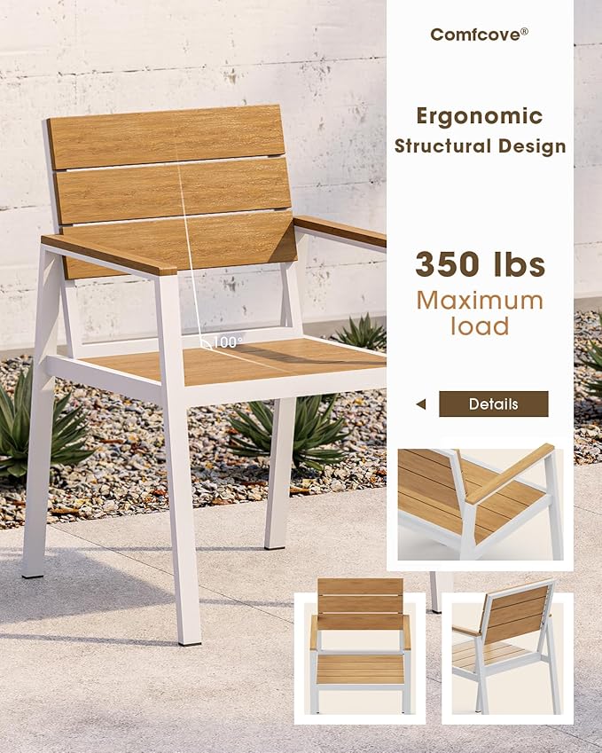 Outdoor Patio Dining Chairs Set of 2, Aluminum & HDPS All-Weather Dining Chairs for Deck, Lawn, Backyard, Pool (White & Teak)