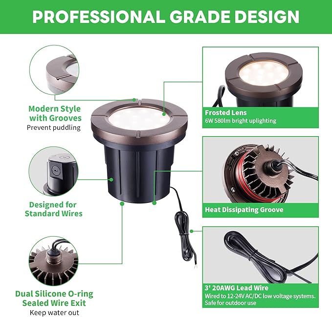 Landscape Well Lights, LED Low Voltage Ground Lights Outdoor, 12V IP67 Waterproof, Bright Wired Aluminum ORB for Driveway Walkway Path Tree 6W 580LM