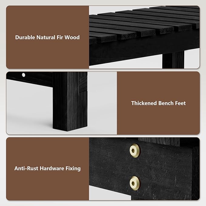 Nidouillet 35.5" Outdoor Garden Bench, Weatherproof Patio Benches 2-Person Seat Backless Wooden Porch Bench, Multifunctional Slat All Weather Bench for Garden Lawn Front Porch Park Backyard (Black)
