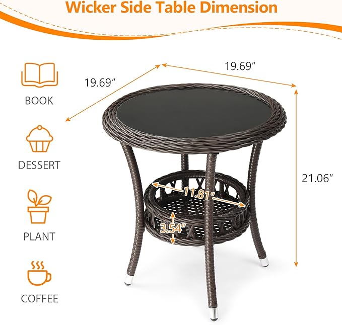 VINGLI Outdoor Wicker Side Table, Patio Side Tables for Outside Tempered Glass Top Wicker Table with Storage End Table for Balcony Porch Deck (Dark Brown)