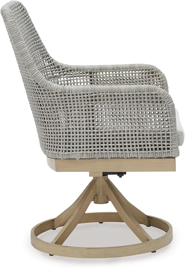 Signature Design by Ashley Seton Creek Cottage Nuvella Weather Resistant Fabric Outdoor Swivel Dining Chair with Cushion, Set of 2, Light Brown & Light Gray