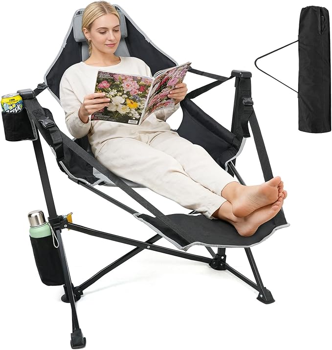Suteck Hammock Camping Chair with Footrest, Oversized Swinging Folding Chair for Adults, Heavy Duty Portable Rocking Camp Chair with Cup Holder & Pillow for Beach, Patio, Lawn, Supports up to 500 lbs