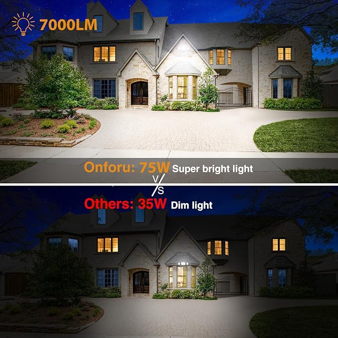 Onforu 75W Flood Lights Outdoor, 7000LM Brightness Security Lights Switch Controlled, 3 Adjustable Heads, IP65 Waterproof, 6500K Wall Mount Exterior LED Flood Light