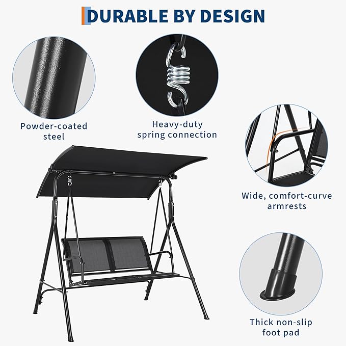 Porch Swing with Adjustable Canopy for Adults 2-Seat Outdoor Waterproof Textilene & Steel Frame Patio Swing Bench for Backyard Lawn Garden Black
