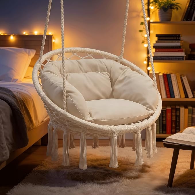 Monibloom Hanging Hammock Chair w/Large Comfy Cushion, Macrame Swing Chair Porch Hammock, Max 350 Lbs Capacity Hanging Swing for Adults & Teens, Backyard Hanging Chair for Relaxing Reading, White