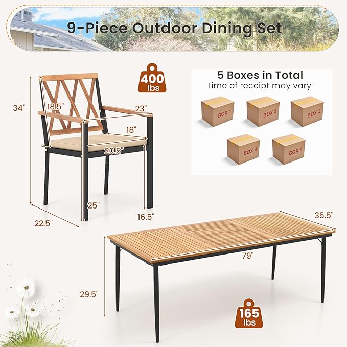 Tangkula 9-Piece Patio Dining Set, Outdoor Acacia Wood Dining Table with 1.9" Umbrella Hole& 8 Dining Chairs with Cross Hollow Back and Seat Cushions, for Garden, Porch, Deck, Natural