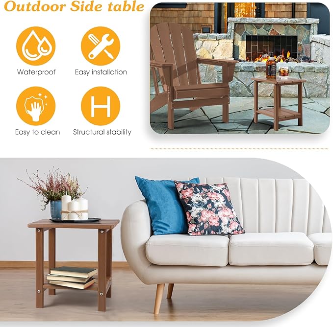 Adirondack Outdoor Side Table, 2-Tier Sturdy Patio End Table Weather Resistant, 16.5" Solid Side Table for Patio, Pool, Porch