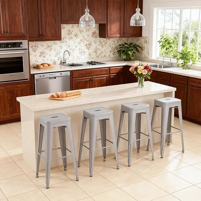 Stackable Metal Bar Stool Backless Indoor-Outdoor Counter Stools Fullmetal Dinning Chairs Set of 4 (Grey, 30 Inch)