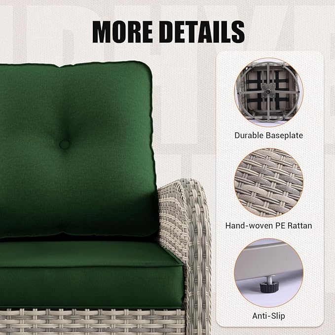 15-Piece Outdoor Patio Furniture Set with Rocking Swivel Chair Wicker Sectional Sofa Set, Patio Conversation Set with Thickened Cushions & Coffee Table for Garden, Backyard, Poolside, Green