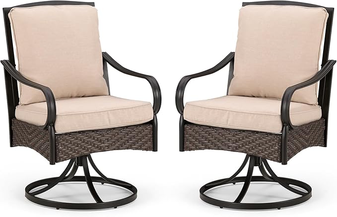 PHI VILLA Patio Swivel Chairs Set of 2, Heavy Duty Outdoor Metal Wicker Dining Chair with Padded Cushions, Large All Weather Wrought Iron Patio Chair for Deck Support 300lbs