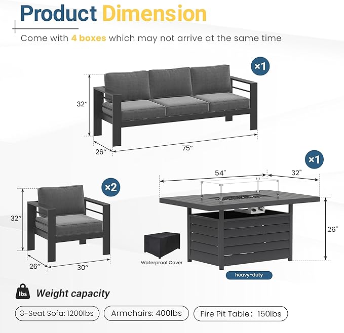 Wisteria Lane Aluminum Patio Furniture Set, 4 Pcs Metal Outdoor Furniture Set with CSA Certified 54in Propane Gas Fire Pit Table, Patio Conversation Set with 5in Olefin Cover Cushions, Dark Grey