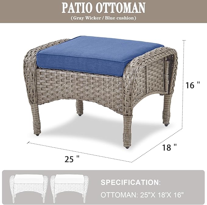 Belord Outdoor Ottomans for Patio Foot Rest - 25 Inch PE Wicker Foot Stool Set of 2 with Removable Cushions for Patio Furniture Sets,All Weather Rattan Ottoman for Balcony Deck Backyard Brown