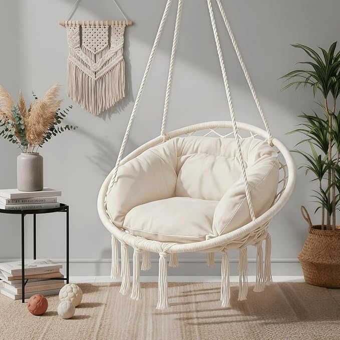 Monibloom Hanging Hammock Chair w/Large Comfy Cushion, Macrame Swing Chair Porch Hammock, Max 350 Lbs Capacity Hanging Swing for Adults & Teens, Backyard Hanging Chair for Relaxing Reading, White