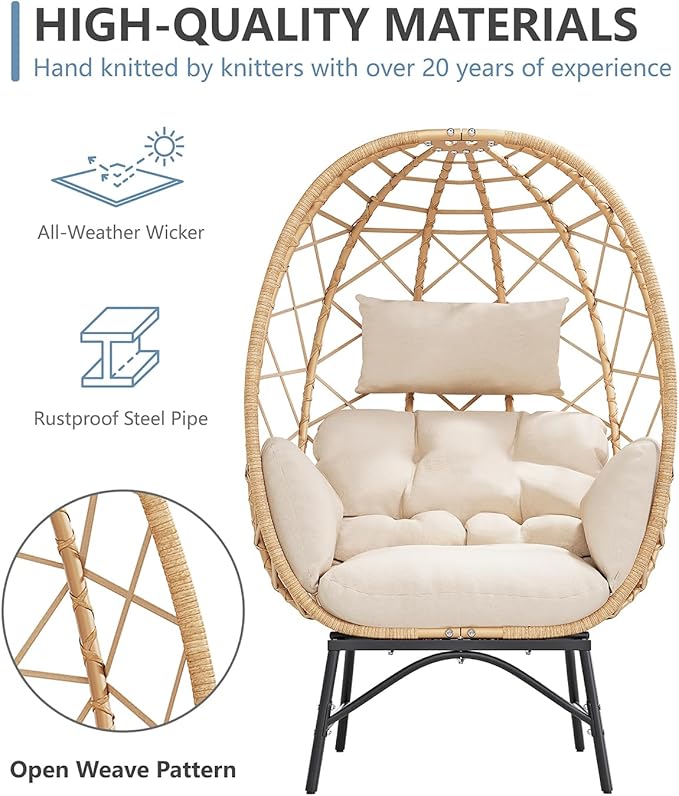 SWITTE Wicker Egg Chair Outdoor, Oversized Patio Lounge Chairs with Cushion for Indoor Living Room, Bedroom, Outside Backyard Balcony-Beige