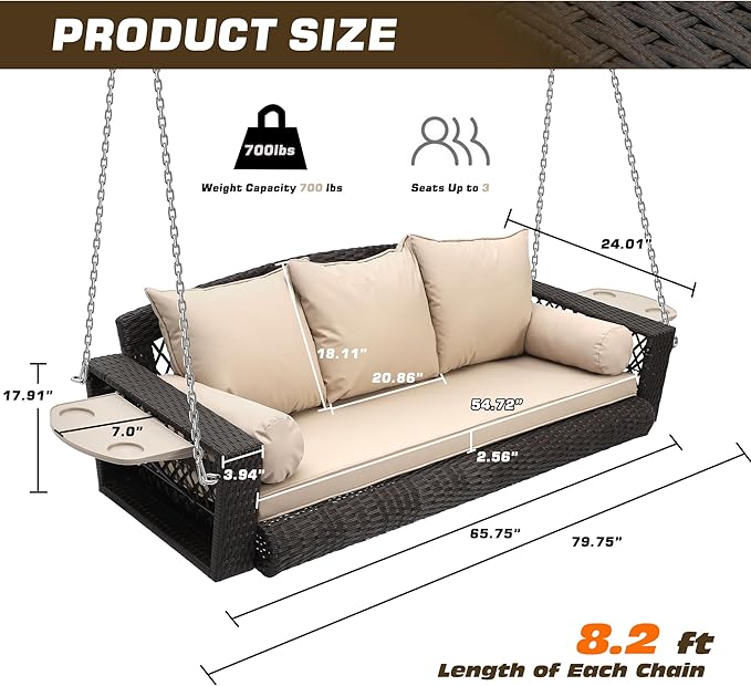 Grepatio Wicker Hanging Porch Swing - Outdoor 3 Person Patio Swing Bench with Cushion & Chains - 3-Seat Porch Swing Chair with Cup Holder for Garden, Yard, Lawn (Khaki Brown Rattan)