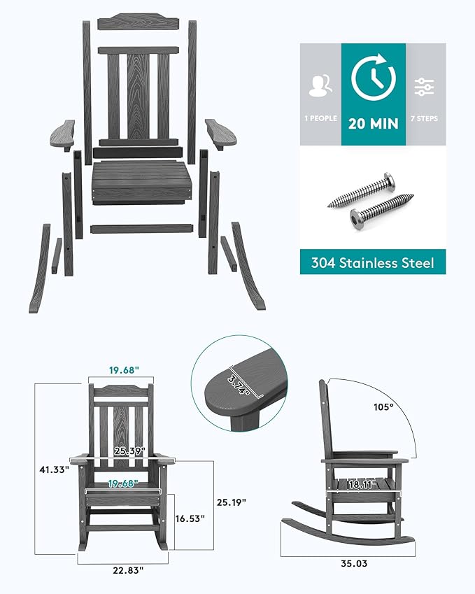 SERWALL Outdoor Rocking Chair Gray Set of 8, All Weather Patio Rocking Chair, HDPE Poly Rocking Chair for Adults, Heavy Duty Front Porch Rocker