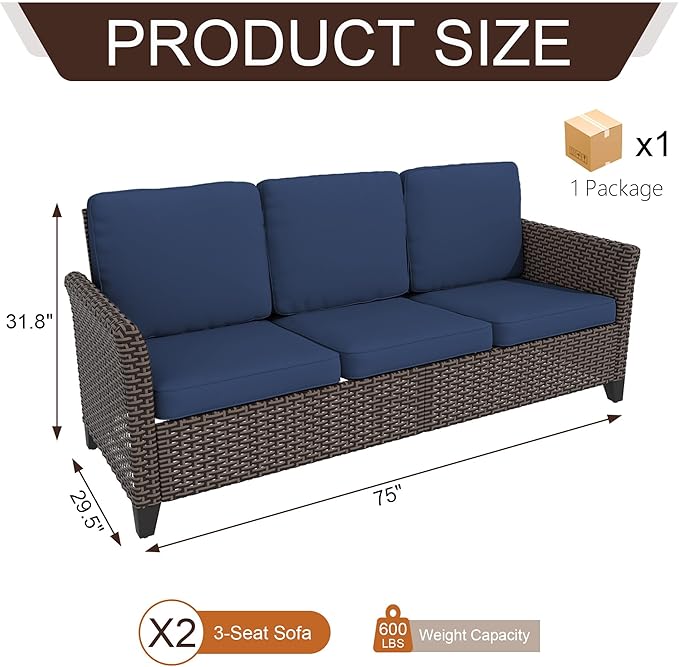 Patio Couch with High Back, 75" 3 Seats Outdoor Sofa, All Weather PE Wicker Couch with Waterproof Cushion for Porch, Backyard, Balcony, Deck