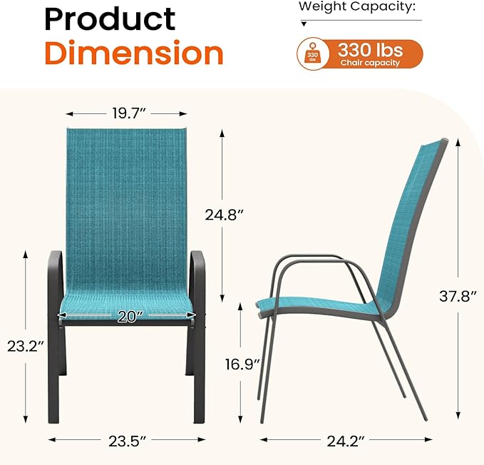 JEAREY Patio Dining Chairs Set of 6, Outdoor Stackable Dining Furniture Set, All Weather Dining Set for Lawn, Garden, Backyard, Poolside, Peacock Blue