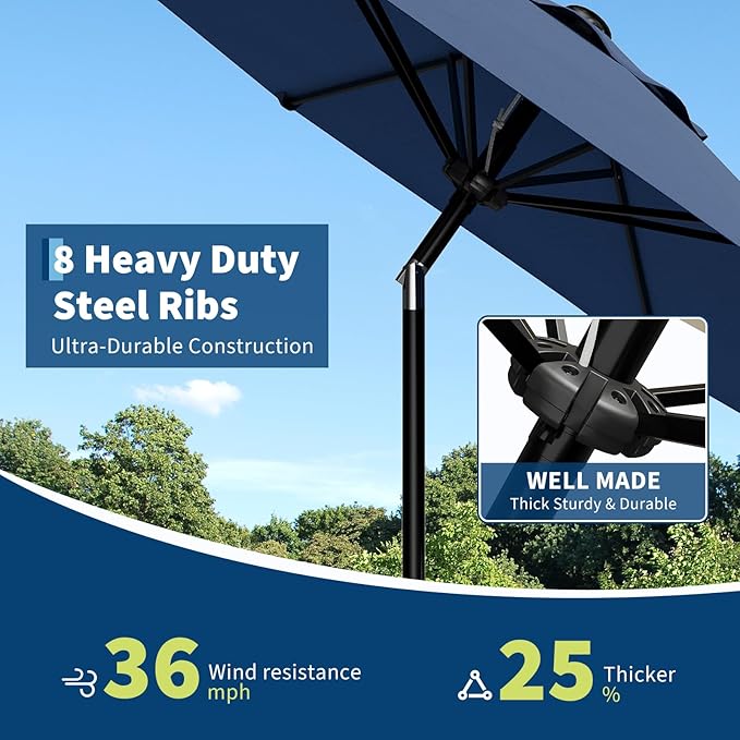 Garvee 9FT Patio Umbrella - Outdoor Table Umbrella with Smooth Crank Lift, Push Button Tilt and 8 Sturdy Ribs - Market Umbrella UV Protection Waterproof for Pool, Deck, Yard, Garden (Navy Blue)