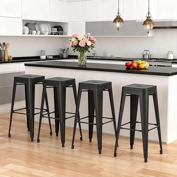 Stackable Metal Bar Stool Backless Indoor-Outdoor Counter Stools Fullmetal Dinning Chairs Set of 4 (Black, 30 Inch)