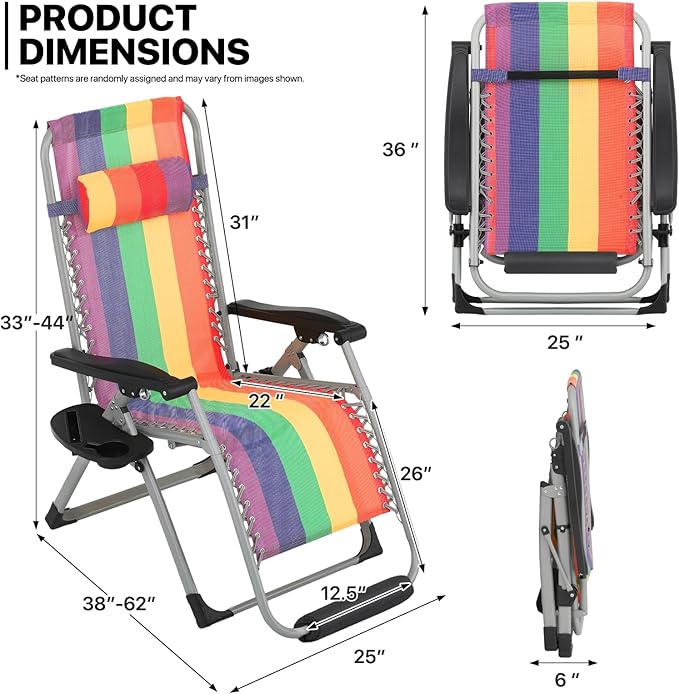 MoNiBloom Zero Gravity Lounge Chair with Cushion, Padded Patio Anti Gravity Recliner, Foldable Outdoor Lounger with Cup Holder Tray, Headrest and Footrest for Beach Camping, Rainbow