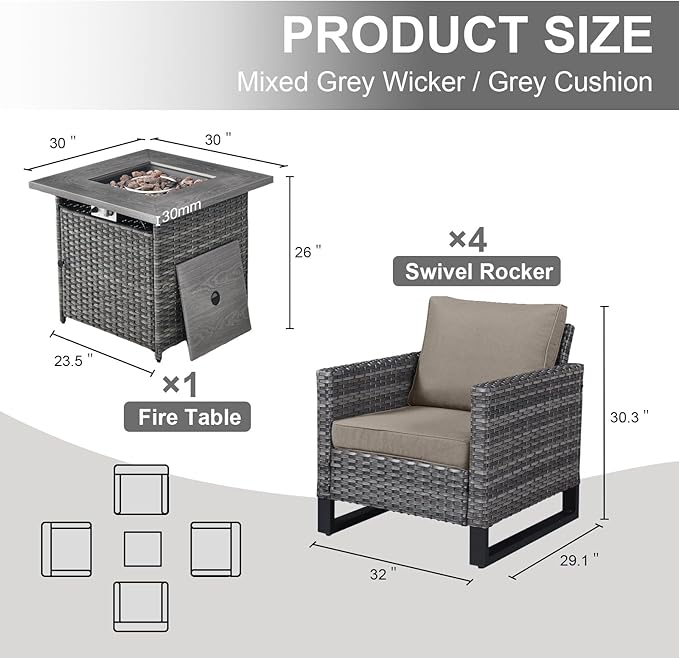 Belord 5 Pieces Wicker Patio Furniture Set: 4 Outdoor Club Chairs Patio Conversation Set with 50000BTU Propane Fire Pit Table, All Weather Grey Rattan Anti-Rust Frame, Brown Cushion
