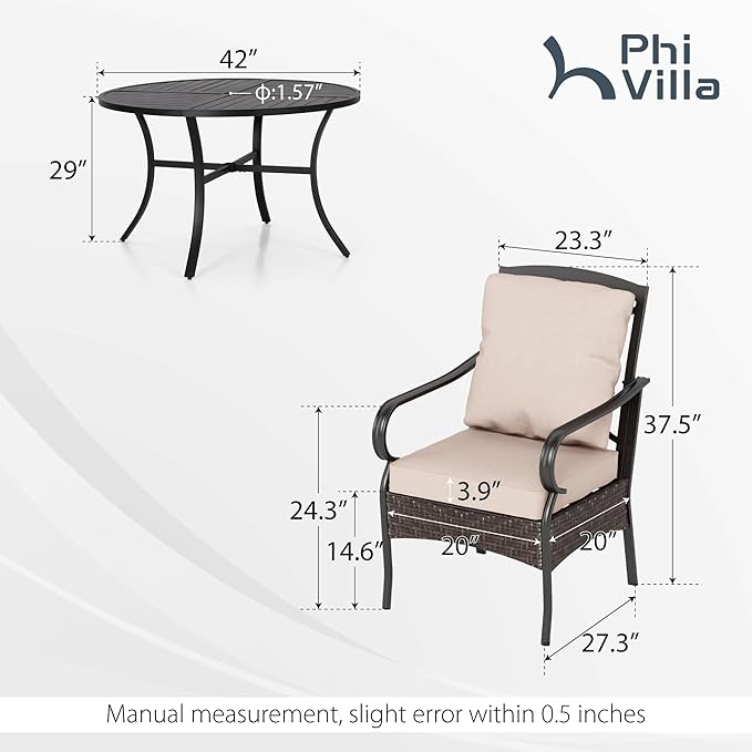 PHI VILLA 5-Piece Outdoor Dining Sets, All-Weather Patio Table and Chairs Set for 4, Heavy Duty Patio Round Table Set for Deck, 4 Extra Large Outdoor Metal Wicker Dining Chairs with Thick Cushions