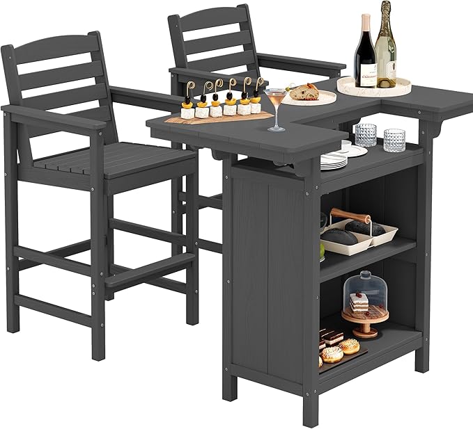 SERWALL Outdoor Bar Table Set (1 Table with 2 Chairs) – HDPE Grey Patio Bar Cabinet with 4-Tier Storage & Spacious Tabletop, Perfect for Outdoor, Poolside, Backyard