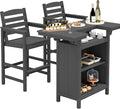 SERWALL Outdoor Bar Table Set (1 Table with 2 Chairs) – HDPE Grey Patio Bar Cabinet with 4-Tier Storage & Spacious Tabletop, Perfect for Outdoor, Poolside, Backyard