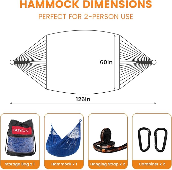 Lazy Daze Hammocks Handwoven Mayan Hammock, 10.5 FT Soft Rope Double Hammocks, Portable Outdoor Hammock with Carry Bag, 2 Straps & Carabiners for Patio Outside, 550 lbs Weight Capacity, Blue