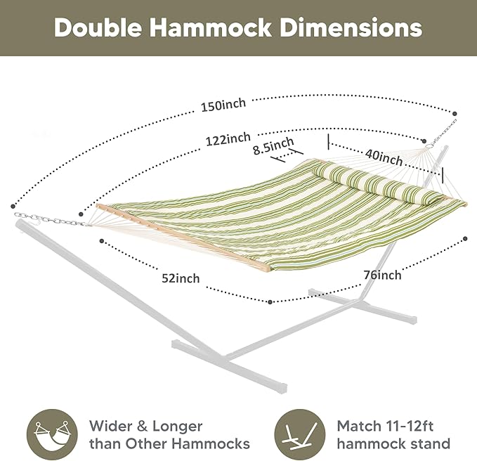 SUNCREAT Portable 2 Person Hammock with Hardwood Spreader Bar, Cotton Rope Outdoor Hammock with Polyester Pad, Green&Beige