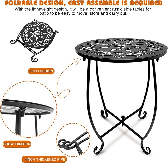 Fashion&cool Patio Side Tables, 14 Inch Weather Resistant Metal Outdoor Side Table for Halloween, Round End Table Side Table for Patio Yard Porch Balcony Garden Bedside, Plant Stand (Black)